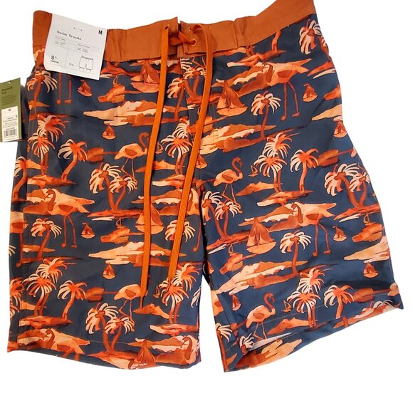 Mens Goodfellow  Swim Trunks M 9"Inseam Orange & Navy Tropical Flamingo Print  M - Picture 1 of 9
